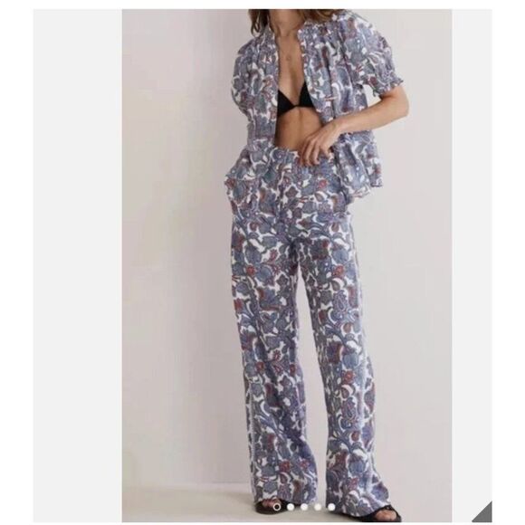 Boden Womans Wide Leg Pants Linen Trousers Paisley UK 14R US 10 Blue Pink NWT - Picture 3 of 10